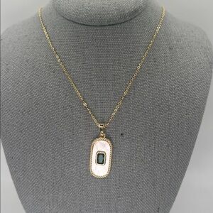 093. 18k Gold Plated Mother of Pearl and Emerald Stone Necklace 17” - 18”